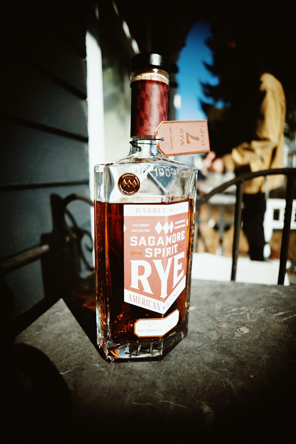 a bottle of rye sitting on top of a table