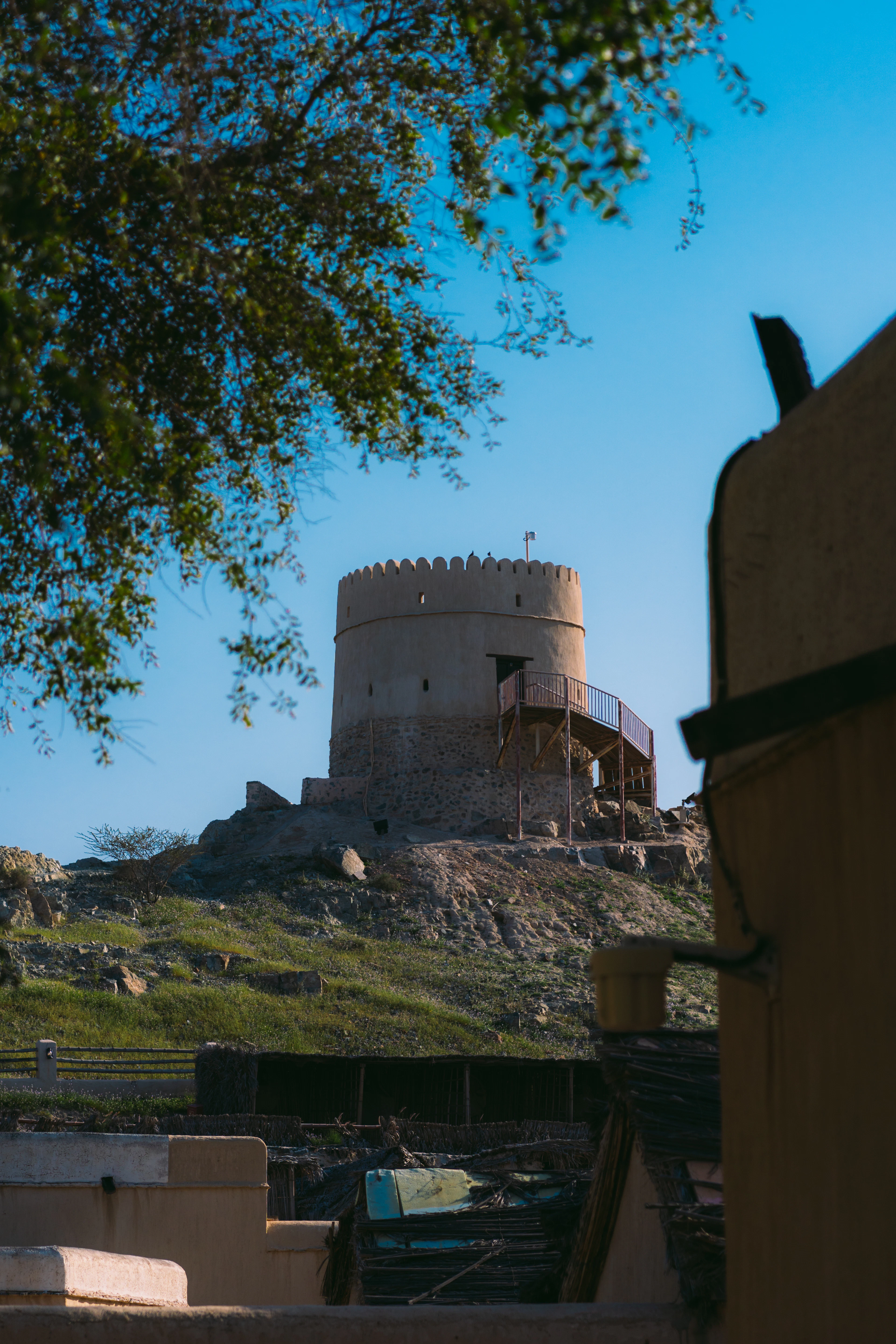 A round crenellated watchtower of pale stone standing on a rocky green hillside at Hatta, framed by the dark leaves of an overhanging tree against a deep blue sky, with the flat mud-brick roofs of the heritage village below