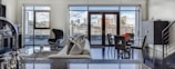 A stylish corporate housing apartment featuring a spacious living area.