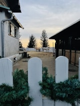 A rustic outdoor scene featuring a barn area with several horses standing near a white fence. The setting appears to be a farm or stable, surrounded by some large trees in the background. A white house is visible on the left side, with an overcast sky providing soft lighting.