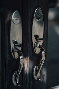 Two metallic door handles with a reflective surface are mounted on a dark wooden door. The handles have a curved design and are positioned symmetrically on either side.