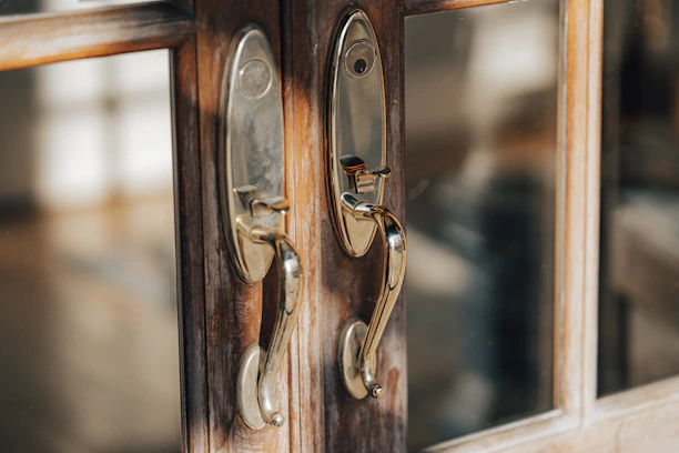 Close-up of shiny new locks installed on a sturdy wooden door, reflecting sunlight.