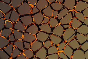 A complex, abstract pattern featuring black and orange interlocking organic shapes. The design is reflective, resembling a web or network of strands.