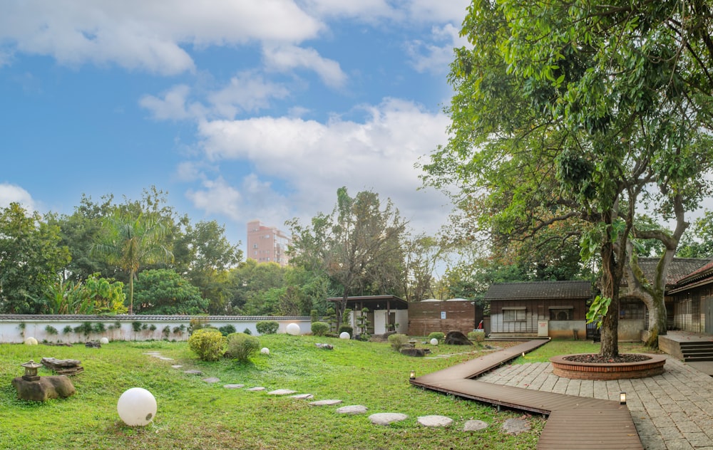 a grassy yard with a tree and a white ball in the middle of it