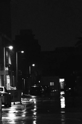 An urban street scene with soft shadows and reflections on wet pavement.