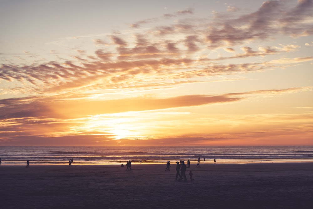 a group of people standing on top of a sandy beach