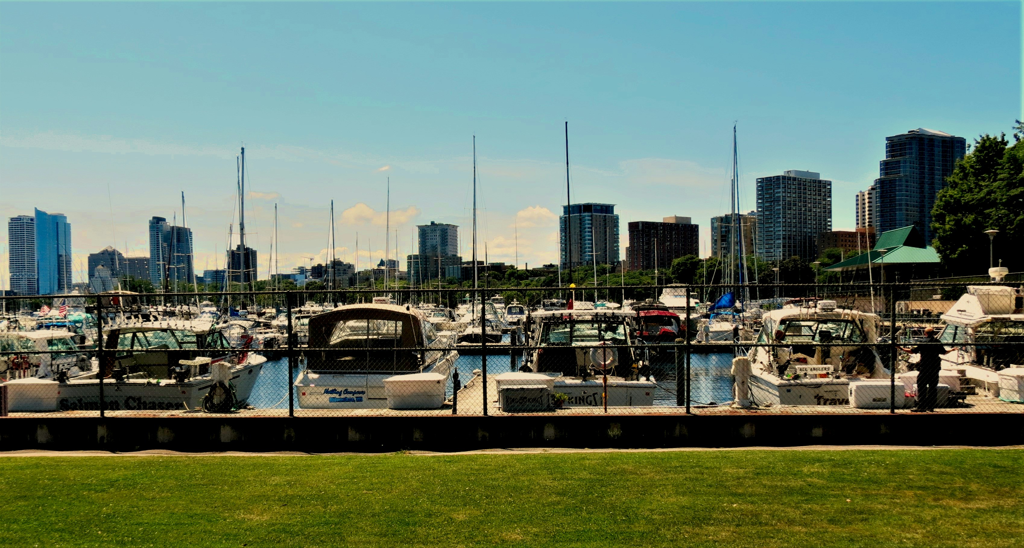 a marina filled with lots of boats next to tall buildings