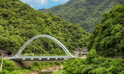 A completed sturdy bridge connecting two villages amidst scenic valleys.
