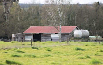 A rustic barn with a red roof sits in a grassy field, surrounded by wooden fences and trees. There are metal tanks positioned beside the barn.