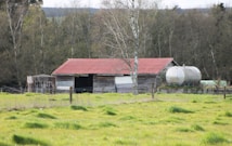A rustic barn with a red roof sits in a grassy field, surrounded by wooden fences and trees. There are metal tanks positioned beside the barn.