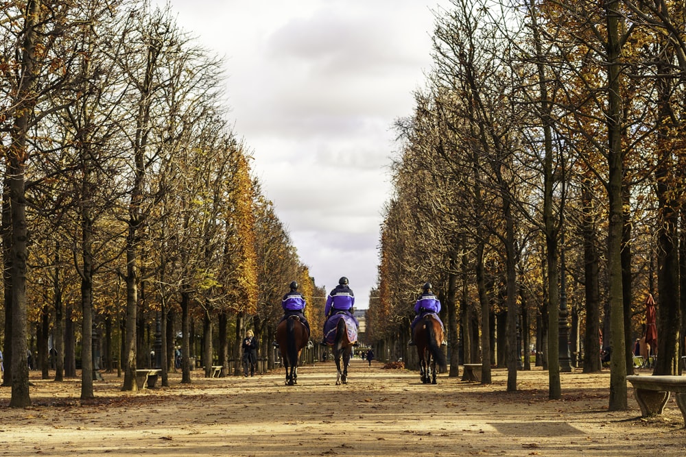 a group of people riding horses down a dirt road