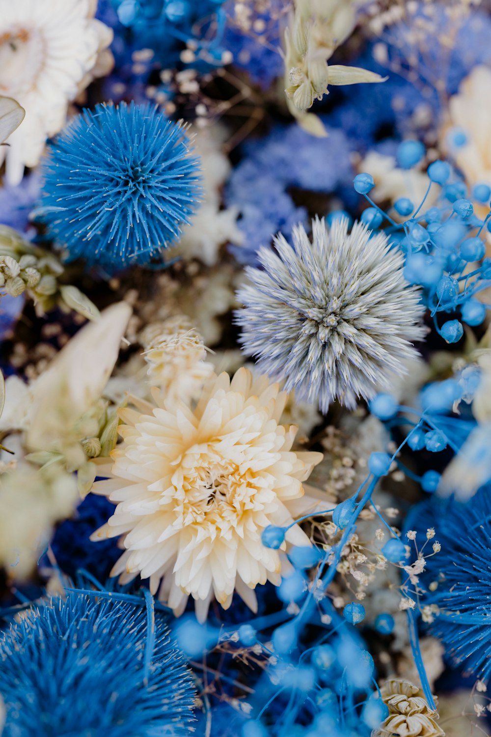 a bunch of blue and white flowers in a bouquet