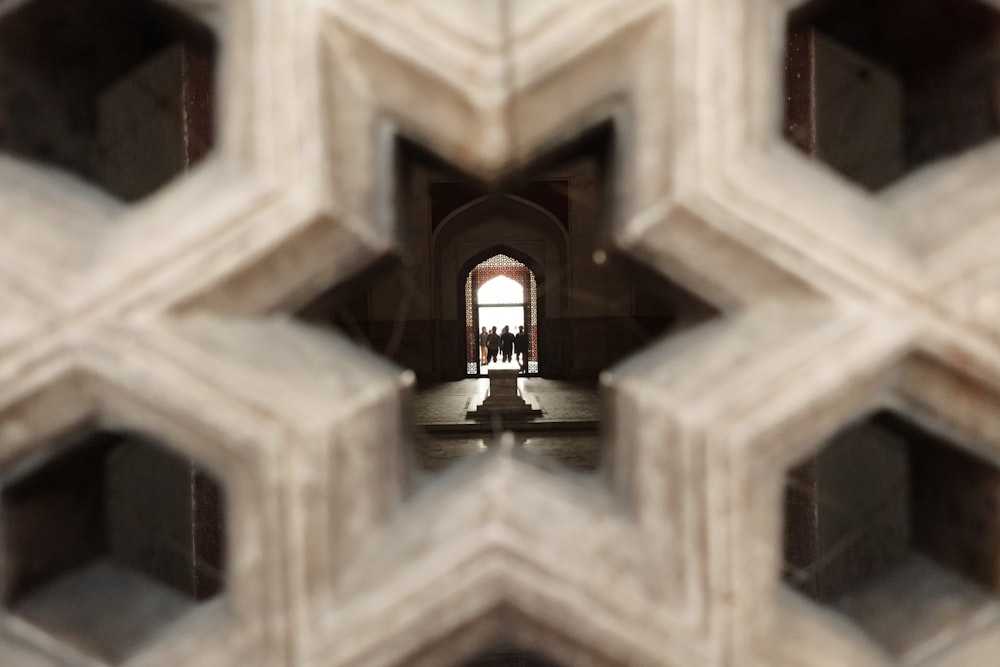 a view of a building through a mirror