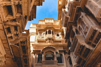a view of a building from the ground looking up