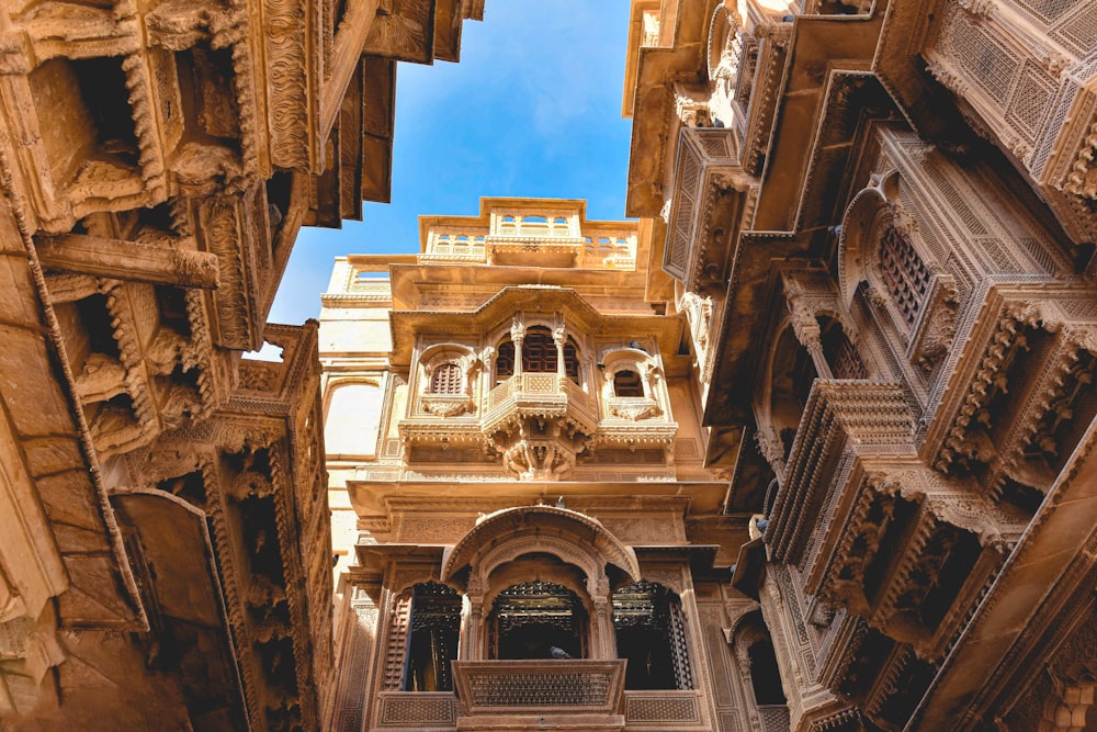 a view of a building from the ground looking up