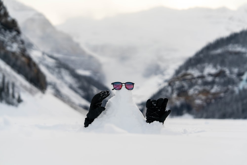 a pair of black gloves and sunglasses sticking out of the snow