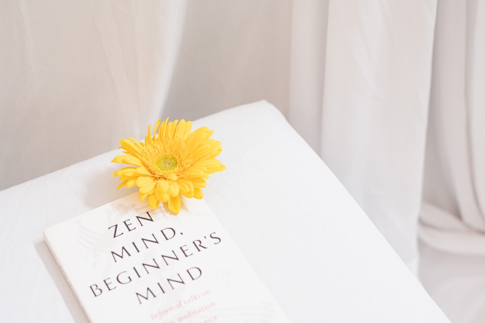 a yellow flower sitting on top of a book