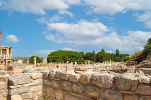 Ancient ruins framed by lush greenery under a bright blue sky