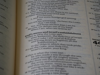 A close-up view of a scripture page from the Bible, focusing on passages from the Book of Isaiah. The text includes references to God's declarations and themes of divine sovereignty and mercy. The page is slightly curved, suggesting it is a part of an open book.