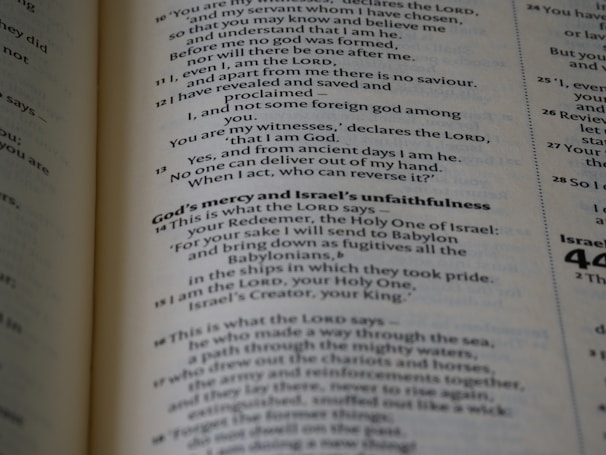 A close-up view of a scripture page from the Bible, focusing on passages from the Book of Isaiah. The text includes references to God's declarations and themes of divine sovereignty and mercy. The page is slightly curved, suggesting it is a part of an open book.