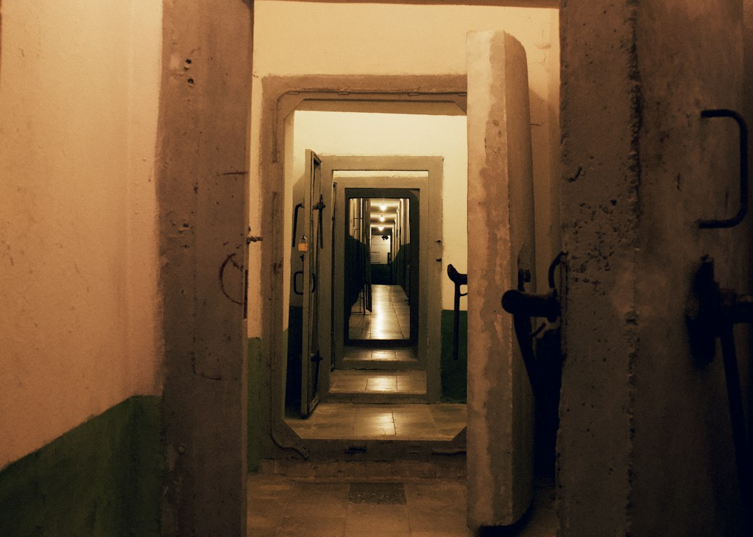a long narrow hallway with a door leading to another room