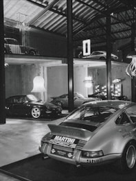 A pristine garage with climate-controlled storage housing classic cars.