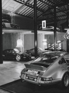 A pristine garage with climate-controlled storage housing classic cars.