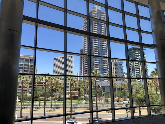 Commercial carpet gleaming after cleaning in a trendy downtown LA office with palm tree skyline visible through windows.