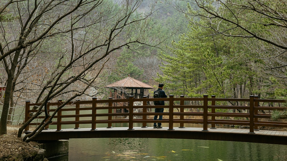 a man standing on a bridge over a pond