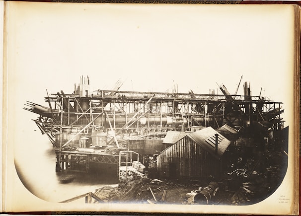 Steel framework of a large industrial warehouse under construction