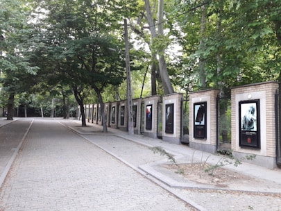 A tree-lined pathway with a brick wall on one side features framed images or posters. The path is paved with light-colored bricks, and trees provide ample shade, creating a tranquil, park-like atmosphere.