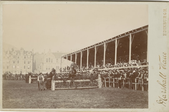 A large crowd gathers around a racetrack, with spectators seated in a wooden grandstand. In the foreground, a horse and rider are captured in mid-jump over a hurdle adorned with greenery. The background features a line of old buildings, adding a historic charm to the scene.