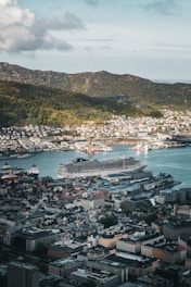 A vibrant coastal town bustling with excited cruise passengers exploring local markets.