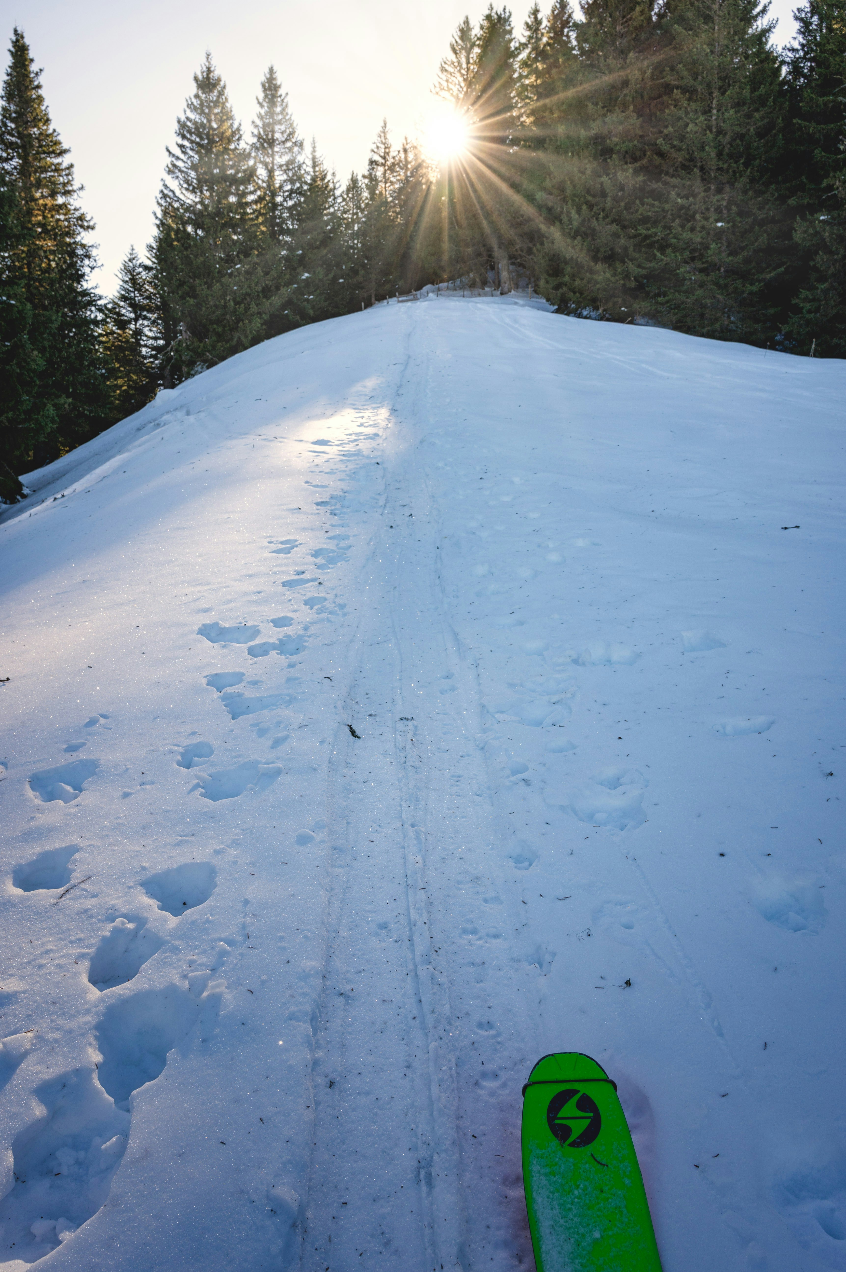 a green snowboard sitting on top of a snow covered slope