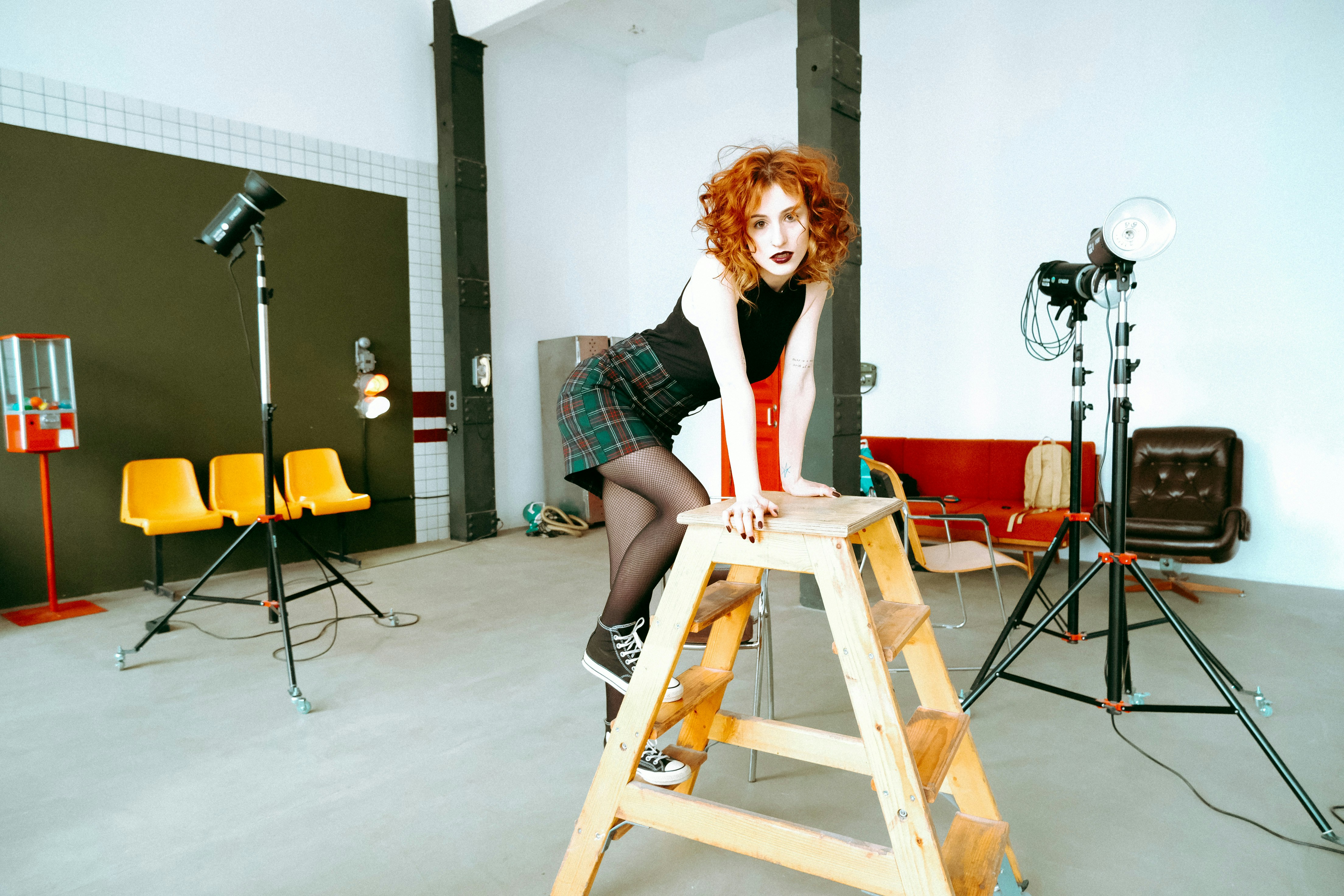 Fashion model on ladder