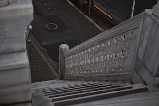A marble staircase with ornate railings descends towards a paved street. The pavement has a circular manhole cover, and a section of metal railing is visible at the top of the image.