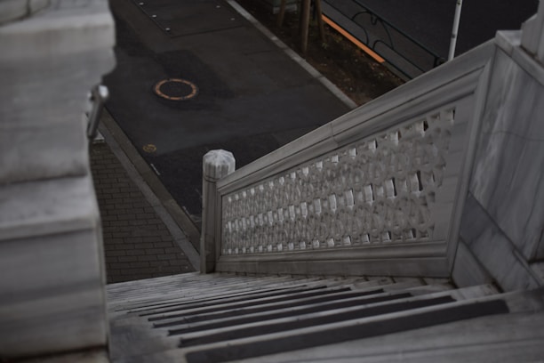 A marble staircase with ornate railings descends towards a paved street. The pavement has a circular manhole cover, and a section of metal railing is visible at the top of the image.