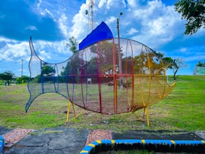 A large metal sculpture of a fish made from colored wire mesh stands on a grassy area. The sculpture is vibrant with blue, red, and yellow colors and has a simplistic, cartoonish style. Behind it, a few trees and a clear blue sky with some clouds are visible. The grassy area appears spacious, and part of a telecommunications tower is seen in the background.