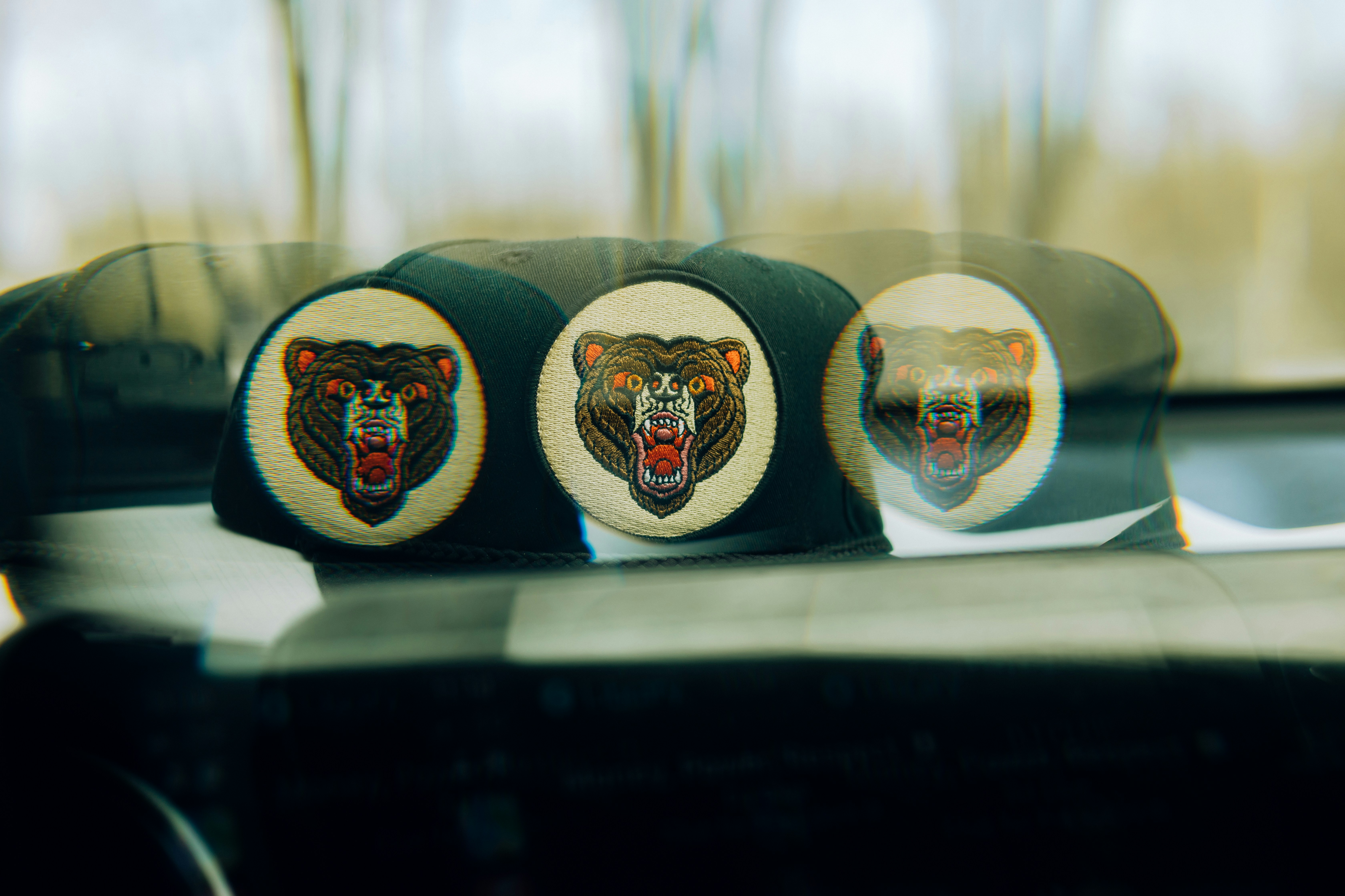 three bear head patches on a car dashboard