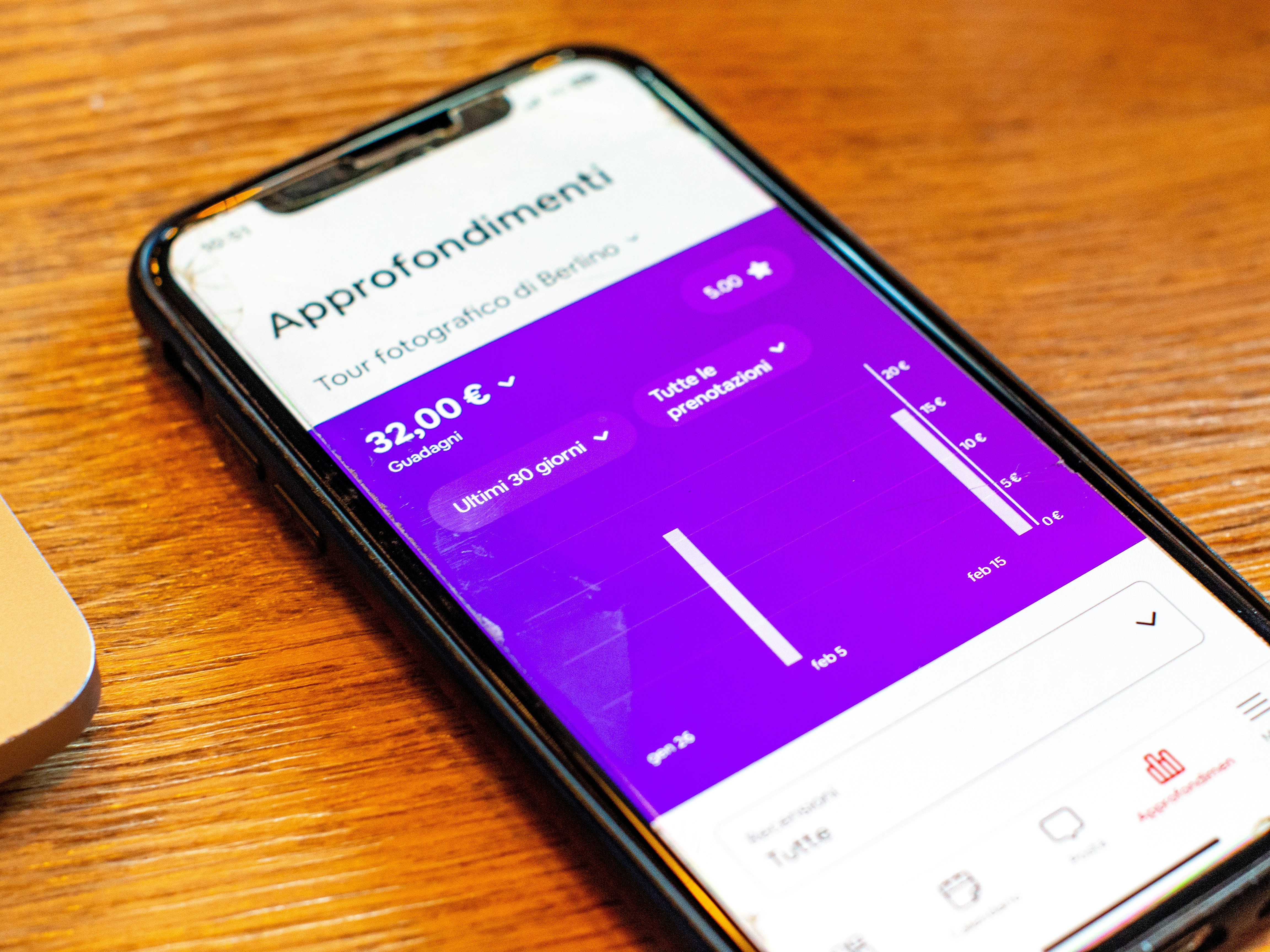 Finance app with pie charts and bar graphs on dark phone screen, blue and purple data elements