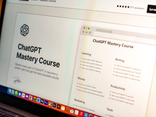 A laptop screen displays a webpage with the title 'ChatGPT Mastery Course'. The page includes sections on Learning, Writing, Money, Marketing, Productivity, and Tools, with various bullet points under each category. The top right shows an open browser tab, and there is a rating section with stars in the top left. Bright icons of various applications are visible at the bottom of the screen.