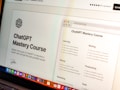 A laptop screen displays a webpage with the title 'ChatGPT Mastery Course'. The page includes sections on Learning, Writing, Money, Marketing, Productivity, and Tools, with various bullet points under each category. The top right shows an open browser tab, and there is a rating section with stars in the top left. Bright icons of various applications are visible at the bottom of the screen.
