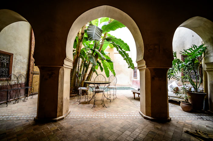 Archway opening onto a courtyard table