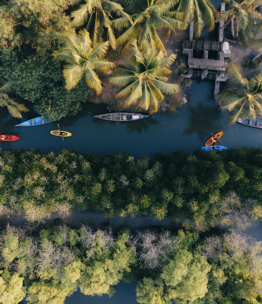 un groupe de bateaux flottant au-dessus d’une rivière