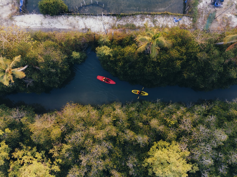 an aerial view of two kayakers in a river
