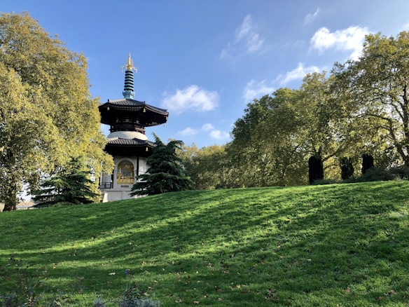A serene park landscape featuring a traditional Japanese pagoda surrounded by lush greenery. The pagoda, with its tiered roof and ornate details, stands prominently on a slightly elevated area. Mature trees with thick green foliage frame the scene, and a clear blue sky with a few clouds enhances the tranquil atmosphere.