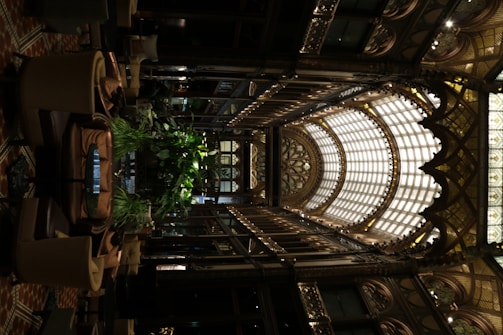 An intricately designed indoor space features an ornate glass ceiling with arched frameworks and decorative detailing. The interior includes abundant greenery, surrounded by comfortable seating arrangements. The use of warm lighting highlights the elaborate aesthetics and adds to the luxurious ambiance.