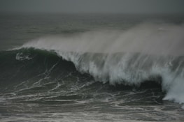 A large ocean wave surges with force, topped by a misty spray that creates a dramatic scene. The sea appears turbulent, with shades of green and grey indicating a stormy atmosphere.