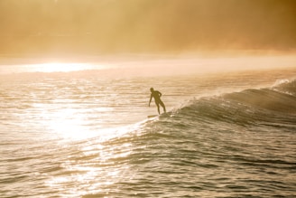 Surfer catching a perfect wave at sunrise on a remote beach.