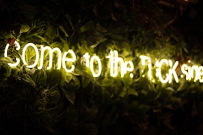 Neon light letters form a phrase against a backdrop covered in lush green leaves. The light creates a warm glow, contrasted by the darker greenery.